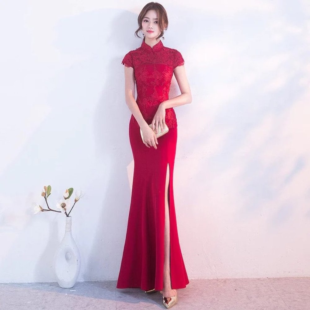 NWT: Beth and Briand Qi Pao - Floral Embroidery, Mermaid Wedding Dress
